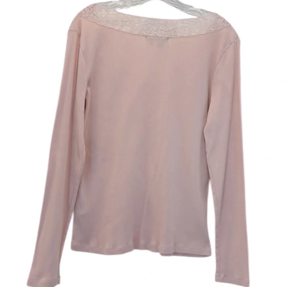 Lauren Ralph Lauren Lace Top Long Sleeve VNeck Ribbed Cottage Rose Pink Women XL